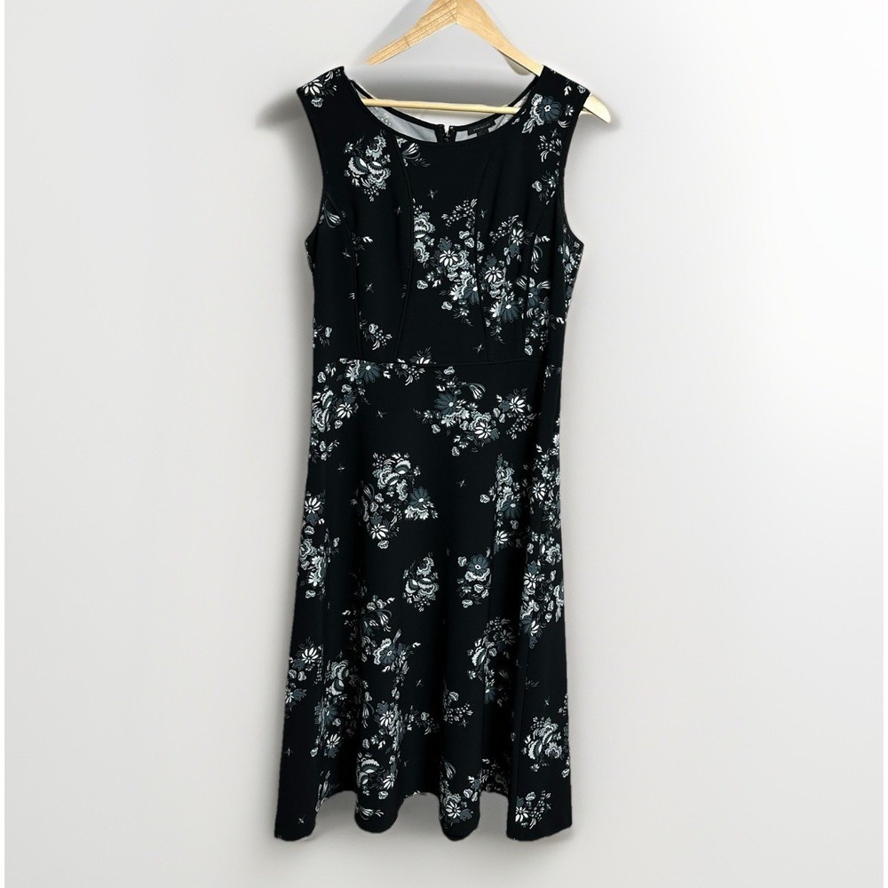 Ann Taylor Black Floral Midi Dress Women's Sz 10 Sleeveless Zip Up Round Neck - Picture 8 of 8